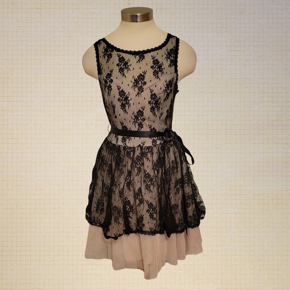 Y2K Fairy Goth B. Smart Layered Lace Midi Dress Black Pink Size 7 8 Waist Tie